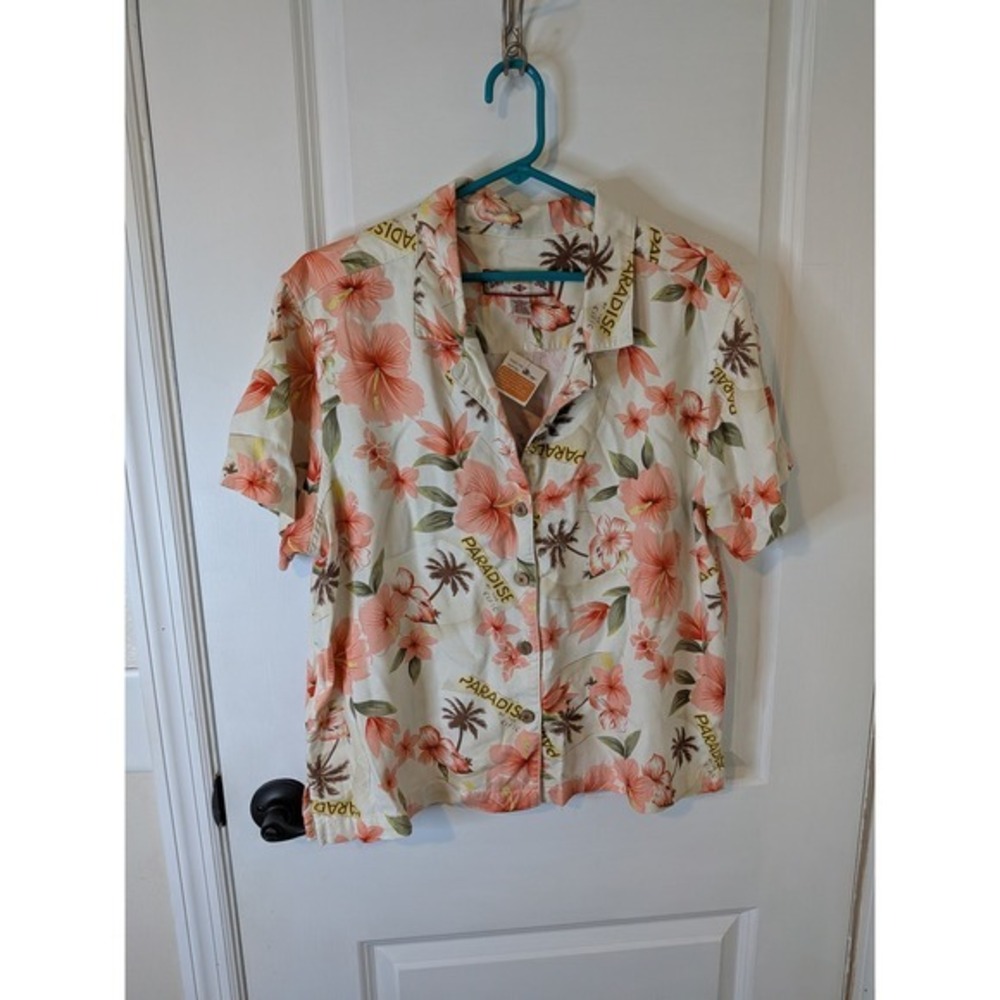 Caribbean Joe Womens XL Hawaiian Shirt Tropical Hibiscus Paradise Rayon Cream
